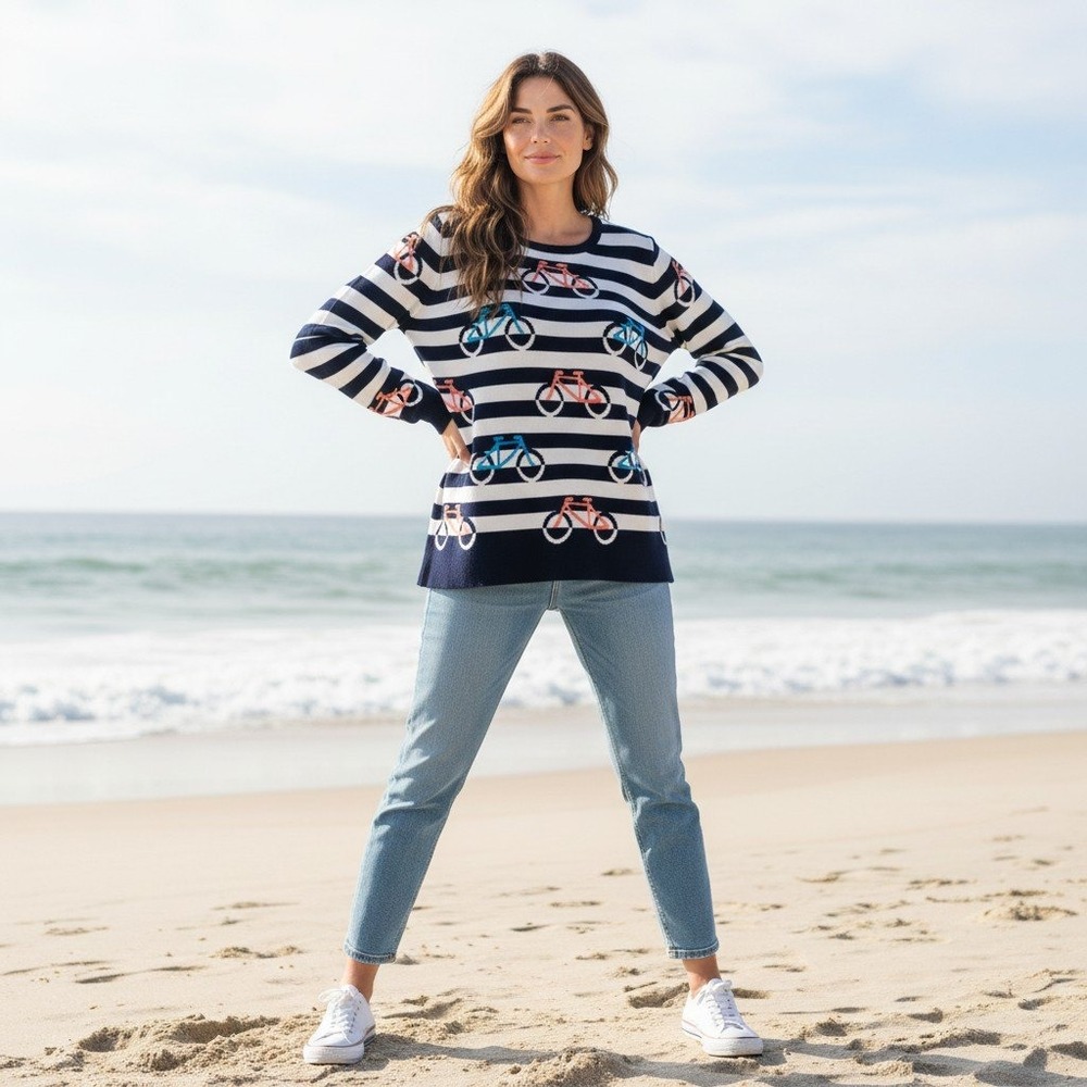 CROWN & IVY Women's Large Blue White Striped Bicycle Sweater Resortwear  Classic